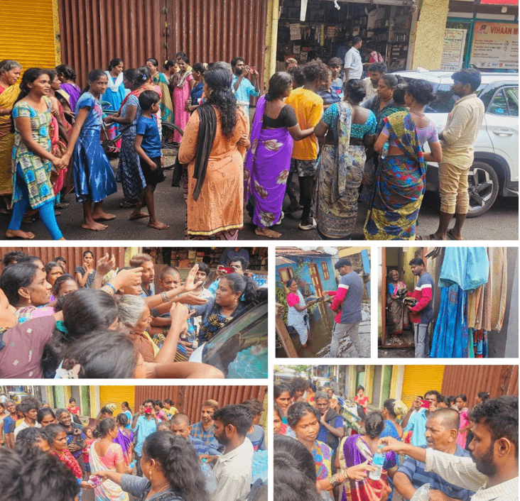 Provided Bedsheets, sarees, lungis, waterBottles and biscuit packets to the people affected by rain induced flooding in Washermentpet , manali and tondiarpet