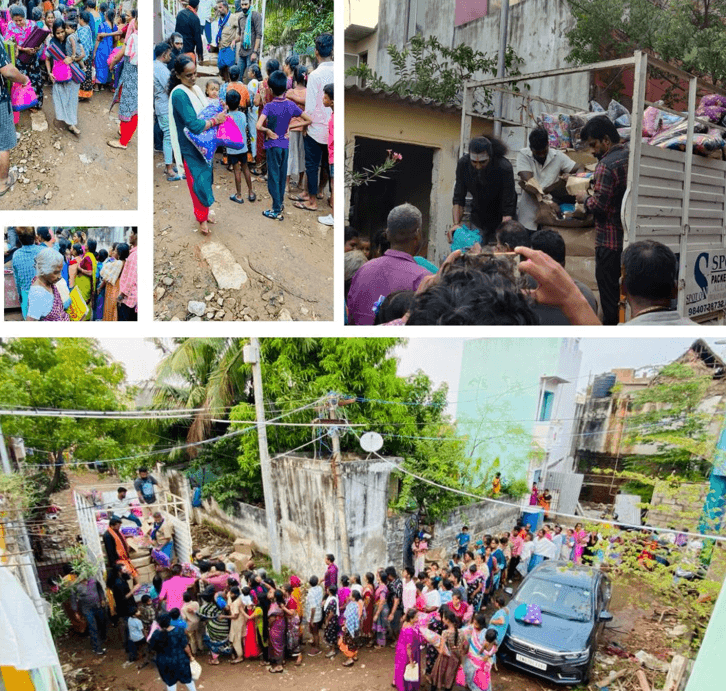 Provided 1500 of Provision kits, Mats, and pillows to the people affected by cyclone Michaung in injambakkam and bethal nagar