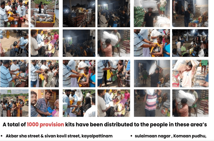 Delivered 1000 provision kits to the people in the most affected areas of Thoothukudi District , offering essential support during challenging times.