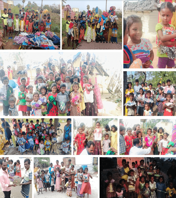 Distributed new dresses to 550 children and individuals in tribal villages of Gummidipoondi.